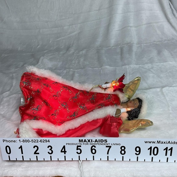 Christmas Dark Skin Angel Tree Topper RED GOLD WINGS LIGHTED African American - Picture 10 of 11